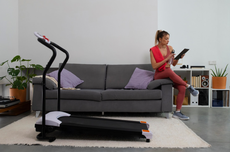 Woman preparing for cozy cardio workout at home, sitting on couch near treadmill with water bottle and tablet